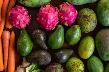 Set of Balinese fruits and vegetables . Flat lay