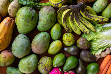 Set of Balinese fruits and vegetables . Flat lay
