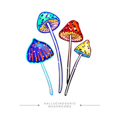 Fantastic hand drawn concept of acid toadstools. Stylized image of psilocybin mushroom. Amazing fly agaric sticker.