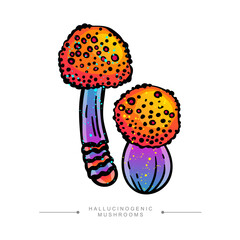 Drawing of magical surreal hallucinogenic mushrooms in acid colors. Amazing fly agaric sticker. Toadstool concept hand drawn.