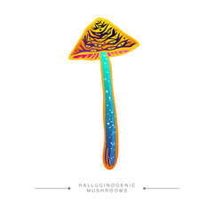 Drawing of hallucinogenic mushroom in acid colors. Fantastic toadstool concept hand drawn. A stylized image of a psilocybin mushroom.