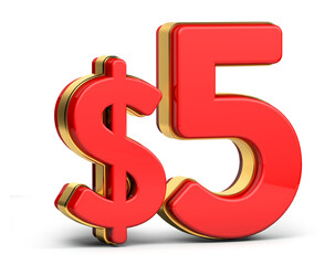 3d golden $5 isolated on background. 3d illustration.	