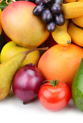 fruits and vegetables isolated on white background. Vertical photo.