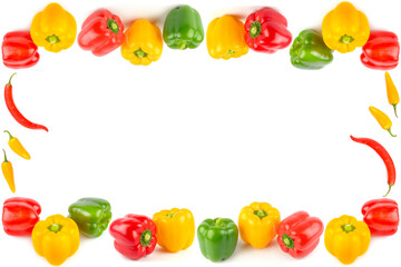 Sweet pepper and chili peppers isolated on white . Collage. Beautiful frame with free space for...