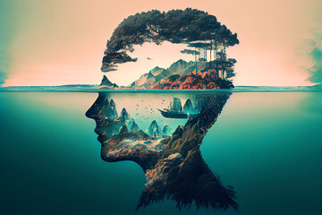 Double exposure of profile portrait of a man. The combination of man and nature, trees, mountains, rivers. Gen Art