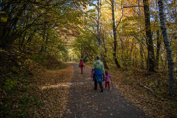 Obraz premium Family hiking in the mountain forest 