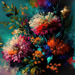 Still life painting with abstract colorful flowers, modern impressionism style - 557710702