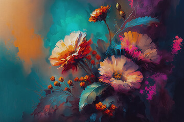 Still life painting with abstract colorful flowers, modern impressionism style - 557710756