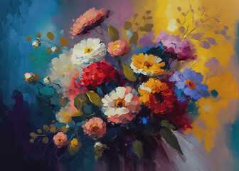 Still life painting with abstract colorful flowers, modern impressionism style