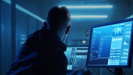 Computer Hacker in Hoodie. Obscured Dark Face. Concept of Hacker Attack, Virus Infected Software,...