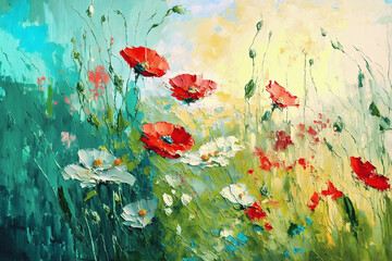 Abstract, painterly painting with wild flower meadow - 557710927