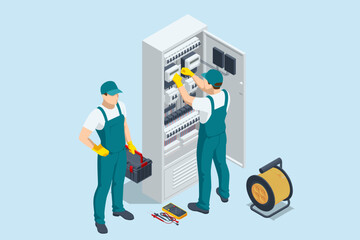 Isometric Electricity energy maintenance. Technician repair service of the powerline. Execution of electrical measuring works on the power transformer