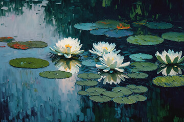 Painterly impressionism style painting with water lilies - 557711114