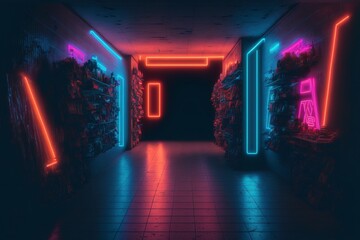 abandoned neon corridor hallway, generative ai composite