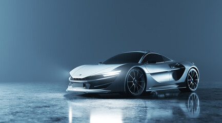 New super sports car with lights on, supercar style - obrazy, fototapety, plakaty