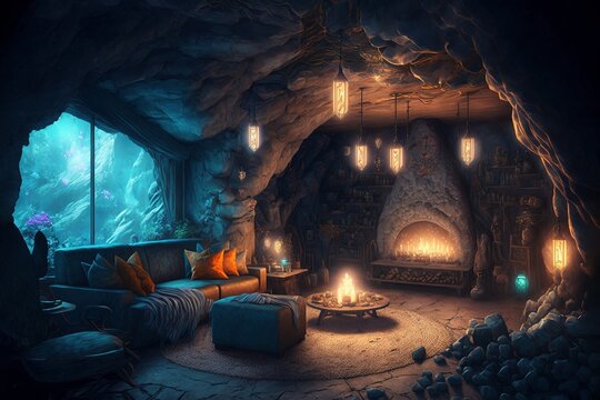 underground cozy crystal cave illustration, generative ai composite