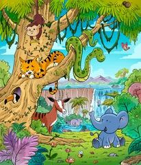 Foto op Canvas Illustration for children of animals in the jungle © cirodelia