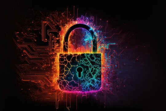 cyber security concept, neon padlock with interconnections, generative ai composite