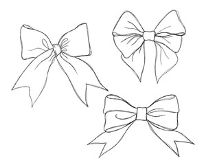 Set of graphical decorative bows. Line art design holiday bows tattoo idea
