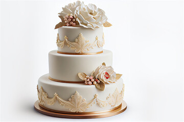 Three tier wedding cake with pastel colored icing on a white background