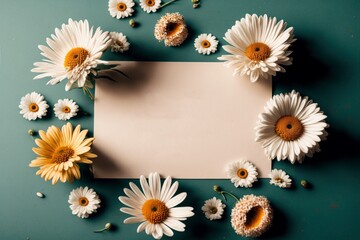 Fototapeta premium daisy frame with copy space for invitation, congratulations, greeting card or message, generative ai composite