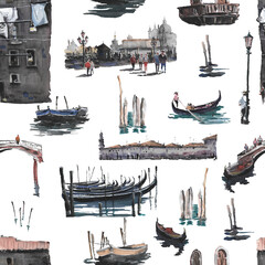 Hand drawn. Watercolor illustration. Cute cartoon. Seamless pattern. Venice, gondola, bridge. For home design. Textile texture. © AnnaAngelPrincess