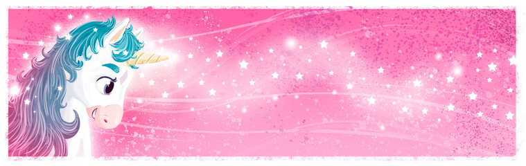 Ilustración de cara de unicornio mágico sobre fondo rosa - 557713922