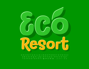 Vector artistic embem Eco Resort with decorative Leaf. Green sticker Font. Funny handwritten Alphabet Letters, Numbers and Symbols set.