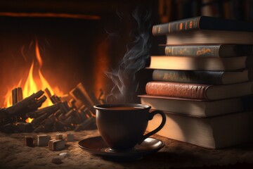 books and steamy hot drink near a burning fireplace, generative ai composite