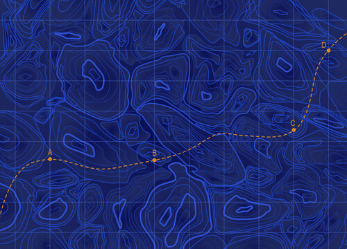 Sea Bottom. Ocean Navigation Map. Marine Topography. Line Route. Topographic Water Contour Blue Grid. Current Texture. Navy Depth Territory. Underwater Relief. Vector Pattern Background