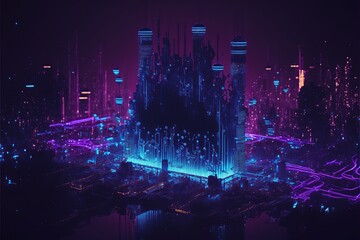 Abstract cityscape circuit with futuristic design.
Created with generative AI technology and Photoshop.