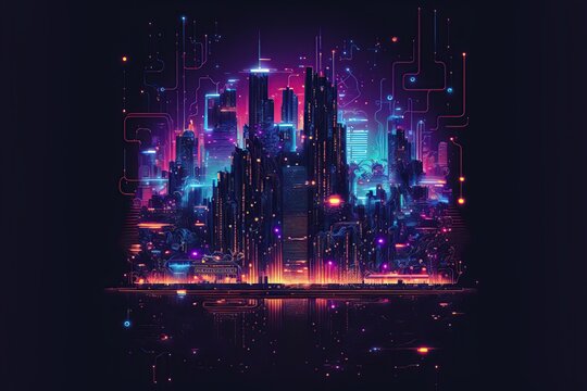 Abstract cityscape circuit with futuristic design. Created with generative AI technology and Photoshop. © Pixel Quests