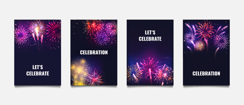 3D firework posters. Sky fire flashes. Holiday party. Night celebration. Typography flyers design. Realistic pyrotechnic burst effect. New Year banners set. Vector background template