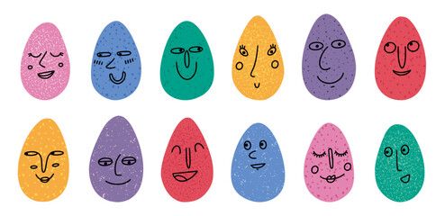 Smile eggs. Doodle emoticons. Face emotions. Cute expression icons. Smiley communication symbols set. Easter characters. Food art. Color oval spots. Eyes and nose. Vector cartoon concept