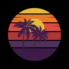 Vector Illustration Retro Vintage Sunset Beach Palm Tree