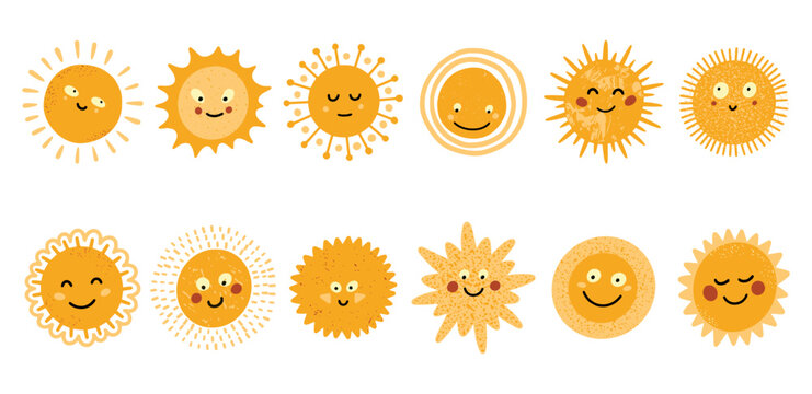 Cute summer sun set, sunny stickers with doodle sunshine smile, happy color fun kids, childish weather symbols. Solar sign. Isolated on white background icons. Vector flat cartoon characters