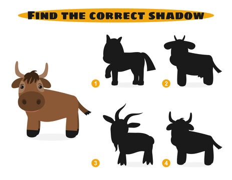 Find correct shadow. Cute farm animals. Education game. 