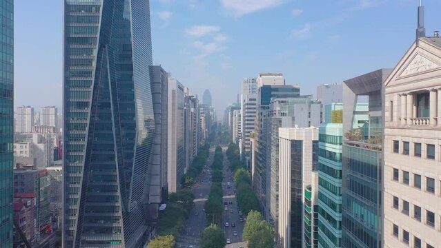 [korea drone footage] seoul city landscape, gangnam, Road