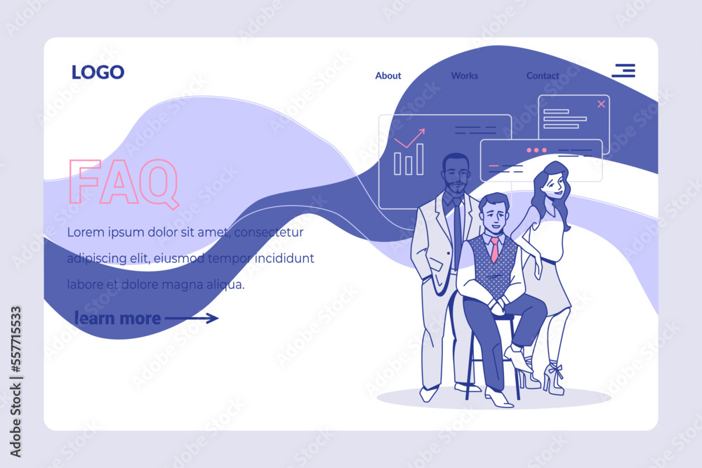 Poster office team. business landing page. man and woman in office. faq web banner. frequently asked questi
