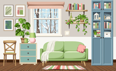 Cozy winter living room interior with snowfall outside the window. Modern interior design with a green sofa, a blue bookcase, a dresser, and houseplants. Cartoon vector illustration