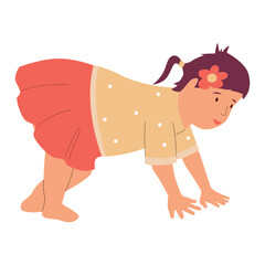 Baby girl. Toddler trying to get up. female baby in beige shirt and red skirt. happy infant smiling. Cute little child. Children age collection. Cartoon flat isolated illustration