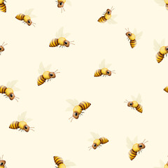 Honey bee, insects animal pattern. Summer wildlife for fabric design, nature decoration, wrapping paper and packaging. Flying wasps. Print realistic elements. Vector seamless texture
