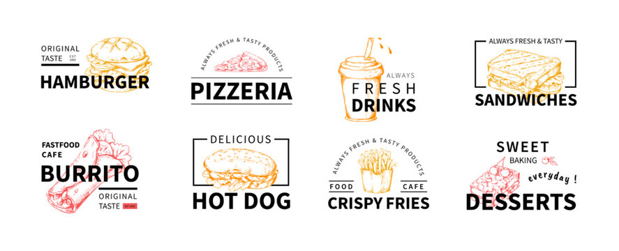 Fast food sketch logo. Hand drawn pizza and burger, sandwich cafe logotype. Vintage stamp with hot dog and hamburger badge, sausage and desserts. Engraving snacks. Vector illustration stickers