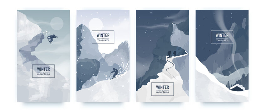 Ski mountains, snow winter posters. Minimal holiday landscape, skier on snowy climb, minimalist tree. Cold season extreme snowboarding sport. Outdoor adventure. Vector illustration covers