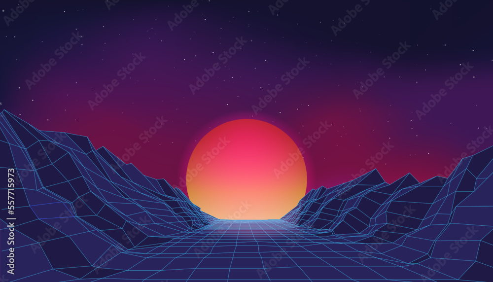 Poster retro neon synthwave, arcade game background. techno mountain landscape with retro wave future space