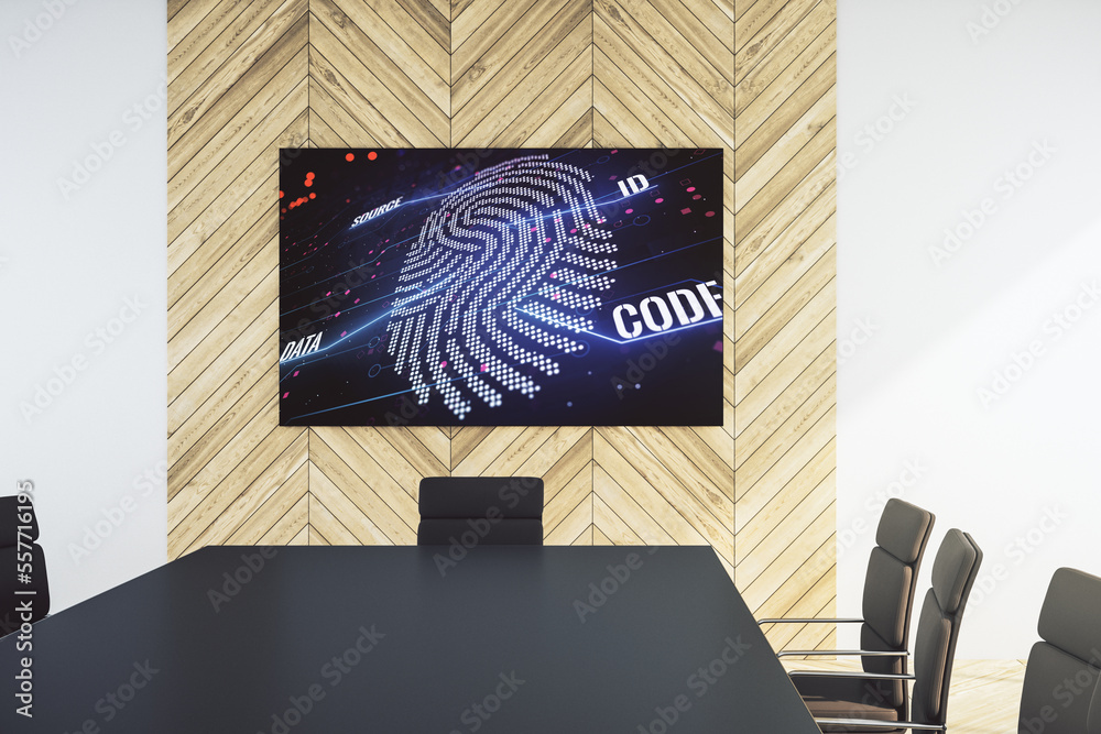 Poster abstract creative fingerprint illustration on presentation screen in a modern conference room, digit