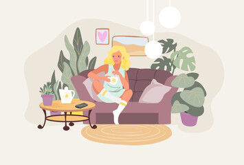 Woman drink coffee. Girl resting on sofa alone. Cartoon flat style young female with hot beverage. Cute character sitting on couch at home. Cozy room interior. Vector leisure pastime