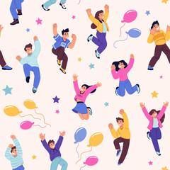 Happy people pattern, active leap characters. Woman and man persons jumping, success girl and boy, festive balloons and stars, celebration wrapping paper. Decor textile vector seamless background