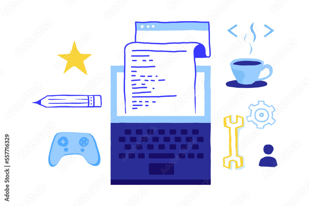 Poster Game development concept. Doodle VR gaming and game mechanics, trendy flat objects. Laptop and joystick. Programmers signs. Freelance occupation. Vector 3d video games scribble style set
