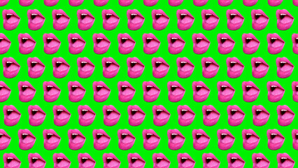 trendy colorful repeating pattern of female lips or mouth on a green background.